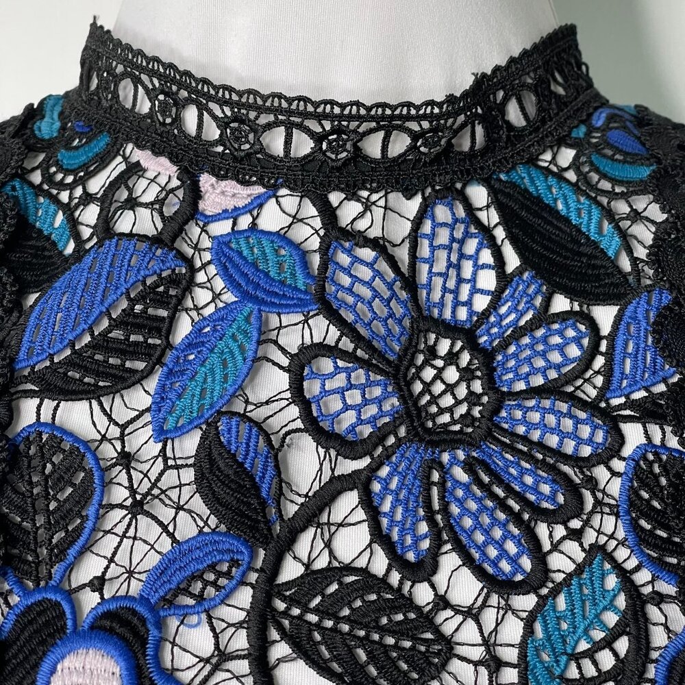 Self Portrait Women's Blue Black Long Sleeve Lace Floral Midi Dress Size 10 - Picture 6 of 12